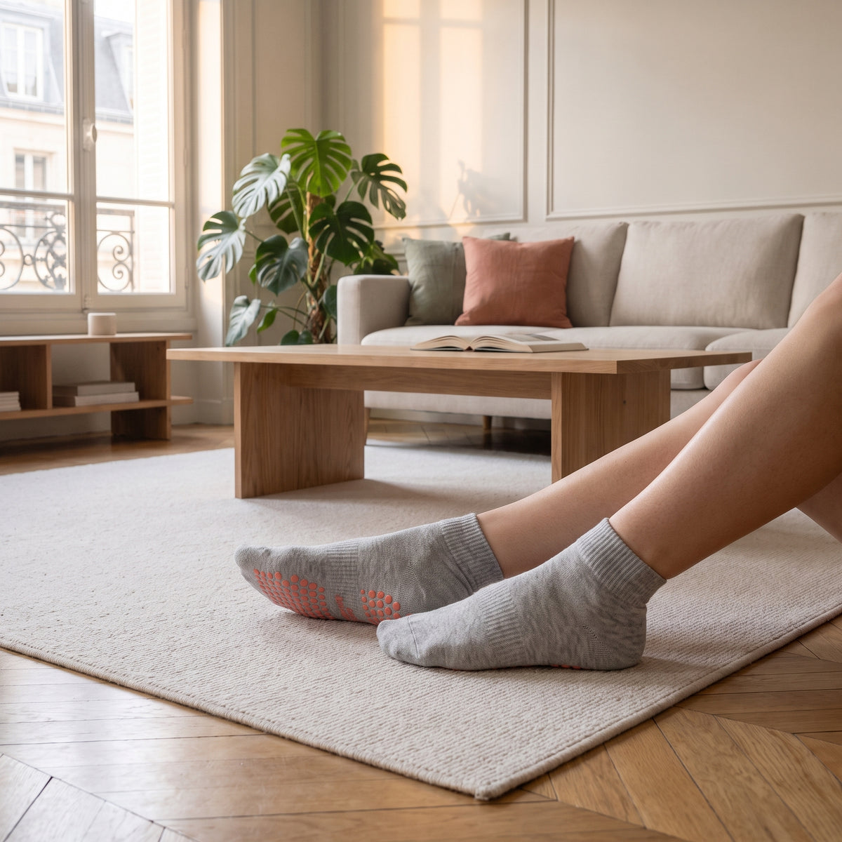 Chaussettes basses antiderapantes coloris gris, portees dans le salon
