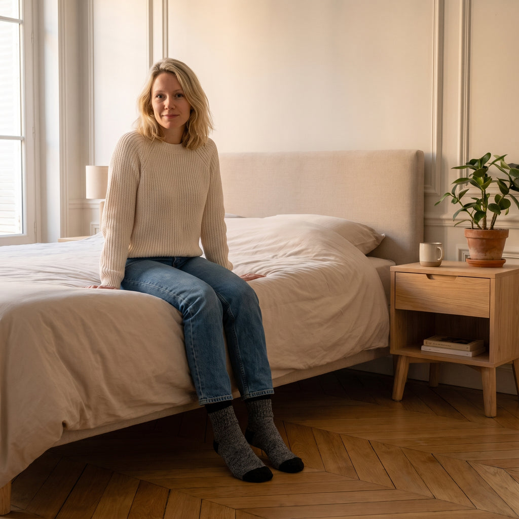Chaussettes bicolores grises en maille épaisse portées aux pieds dans une chambre