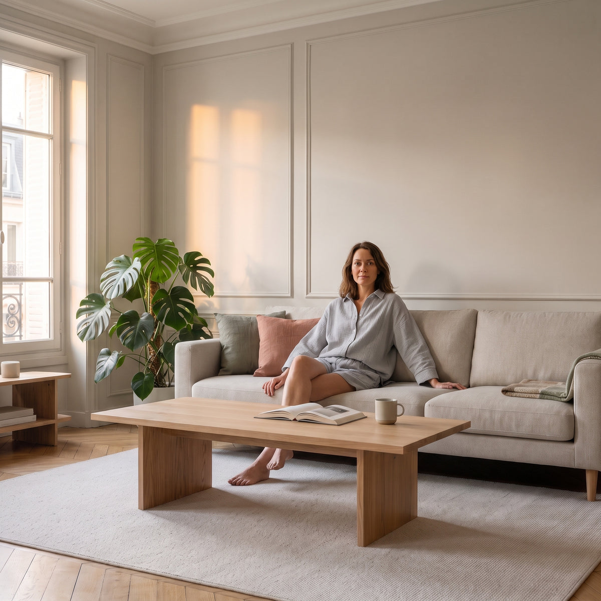 Femme assise portant l'ensemble chemise et short en gaze de coton gris