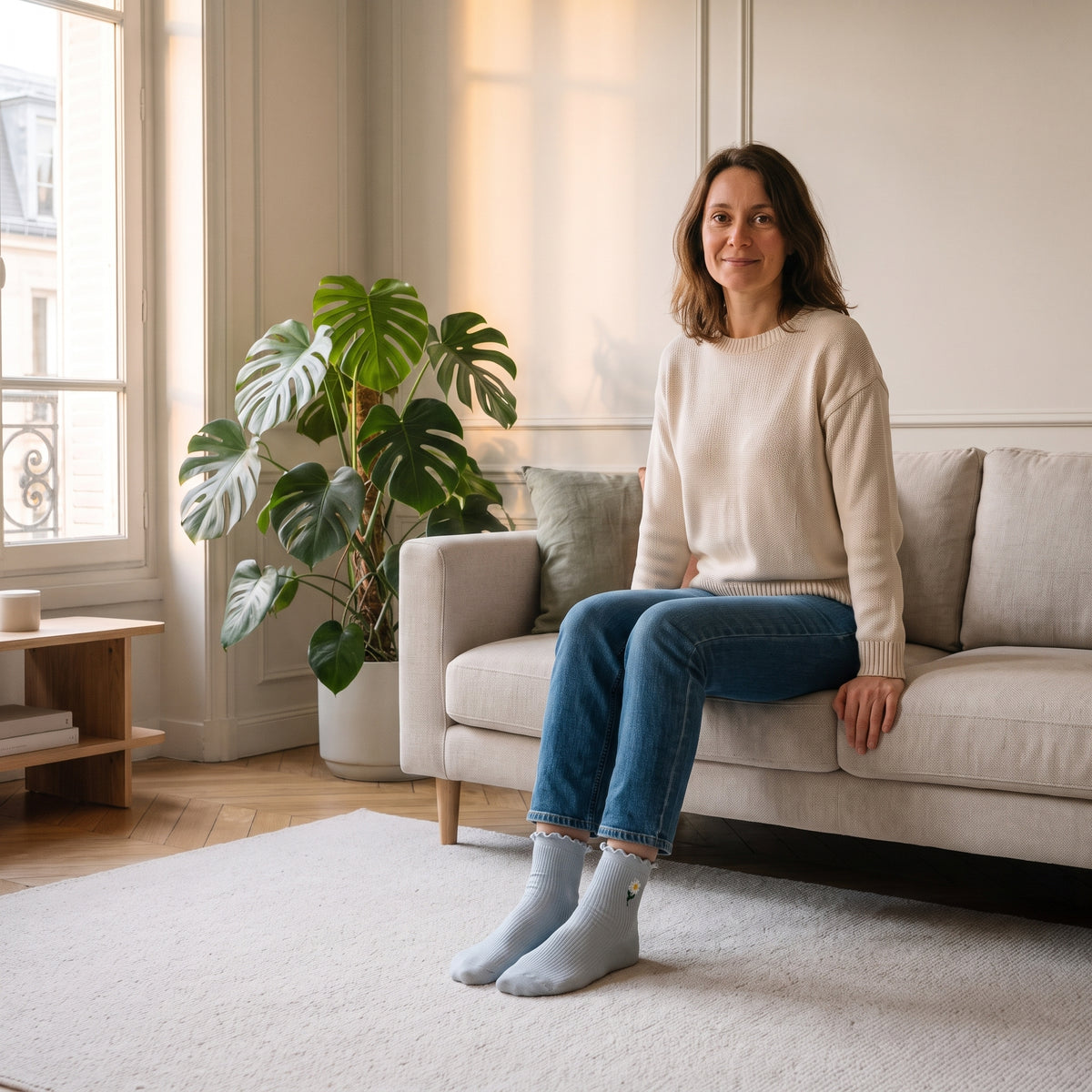 Chaussettes à volants grises à fleurs brodées portées