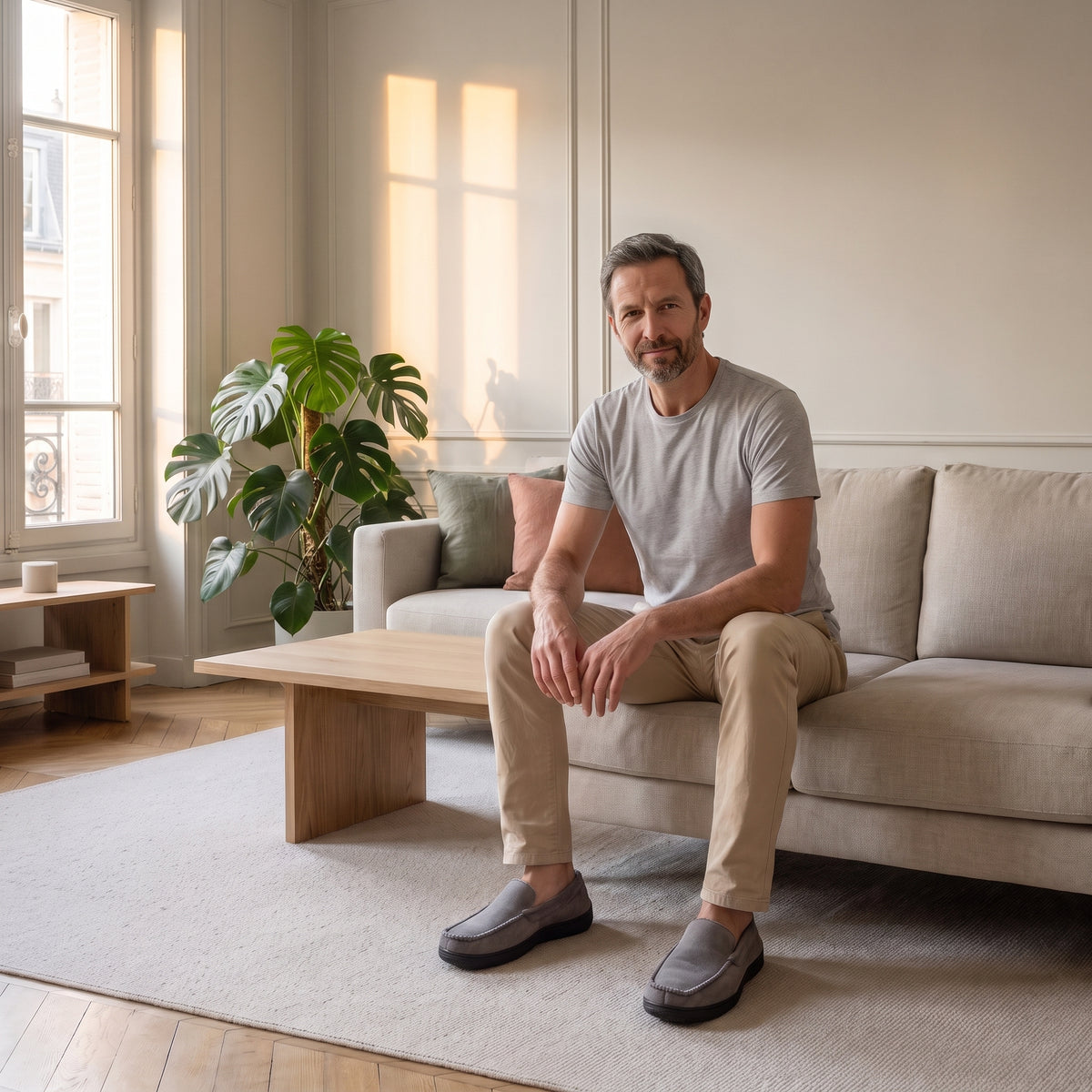 Mocassins chaussons homme gris portés
