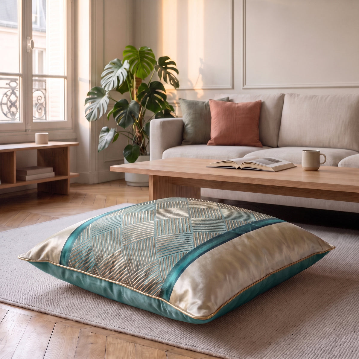 Coussin jacquard satiné ivoire à bande centrale posé sur un fauteuil