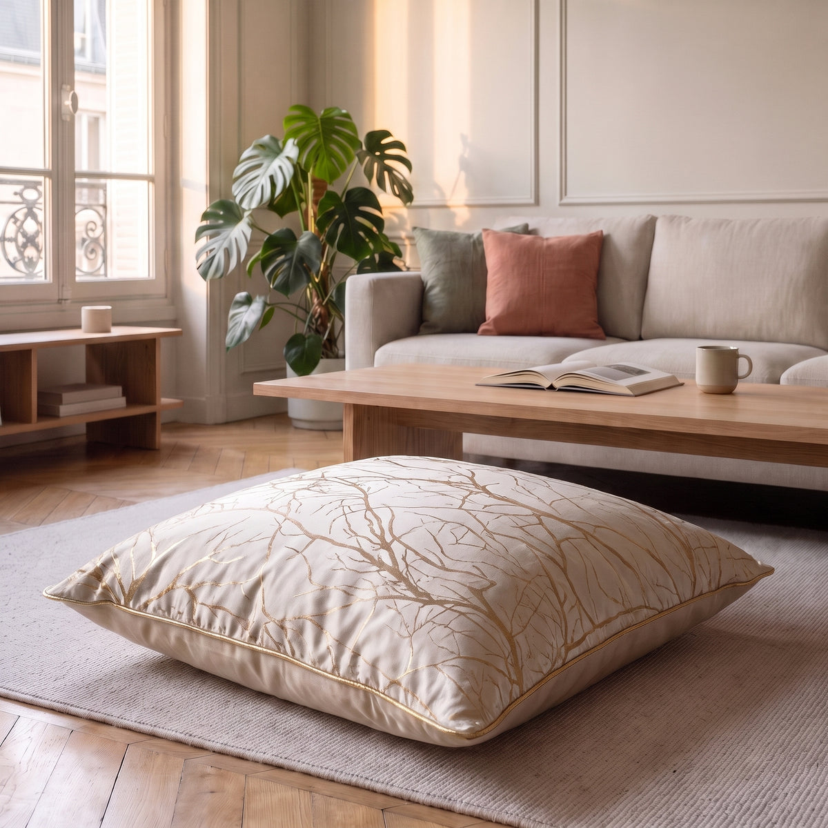 Coussin jacquard satiné ivoire aux branchages posé sur un fauteuil