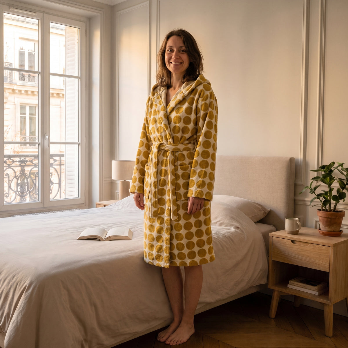 Peignoir femme à capuche, motif jaune à pois marron, porté de face