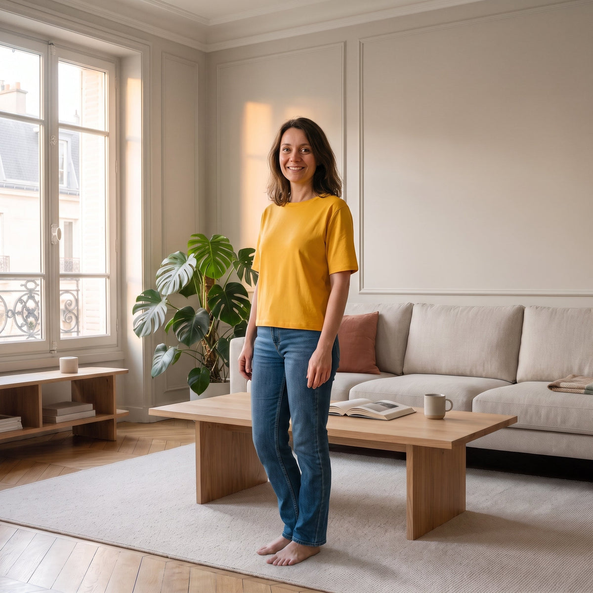 Femme portant un T-shirt col rond jaune moutarde