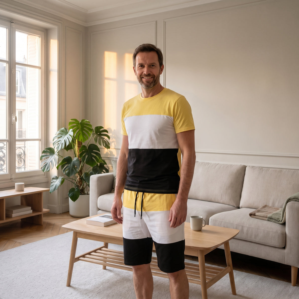 Homme portant l’ensemble court color block jaune