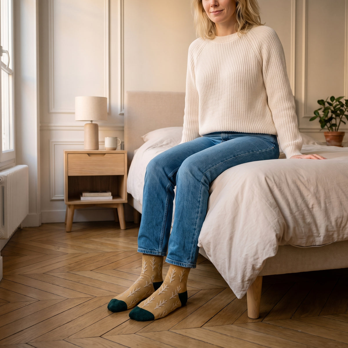 Chaussettes jaunes à motif feuillage portées aux pieds dans une chambre