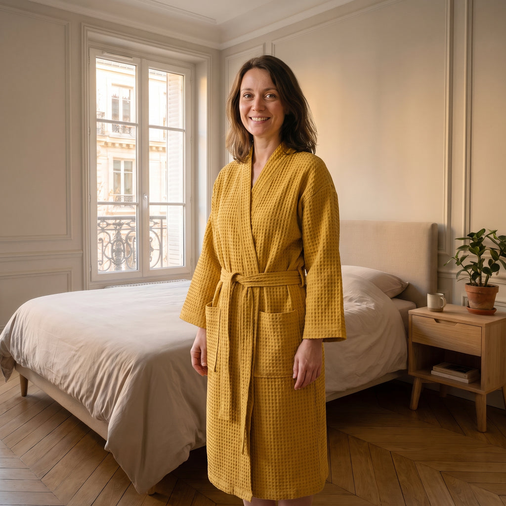 Peignoir long en coton jaune porté de face