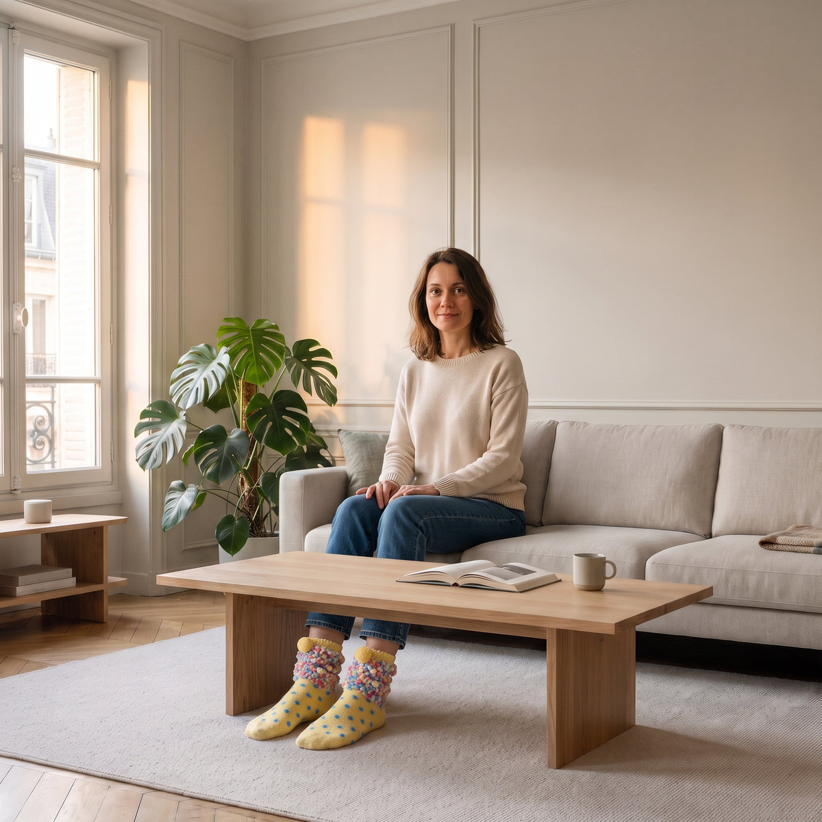 Chaussettes à pompons jaunes portées aux pieds