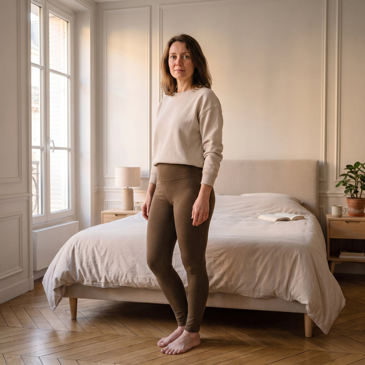 Femme du casting portant le legging de sport kaki