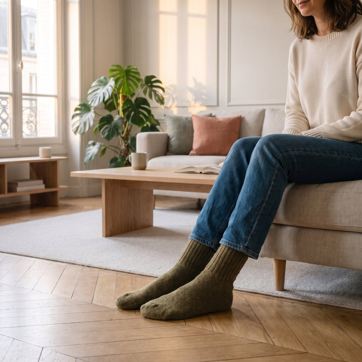 Chaussettes en laine épaisse kaki portées