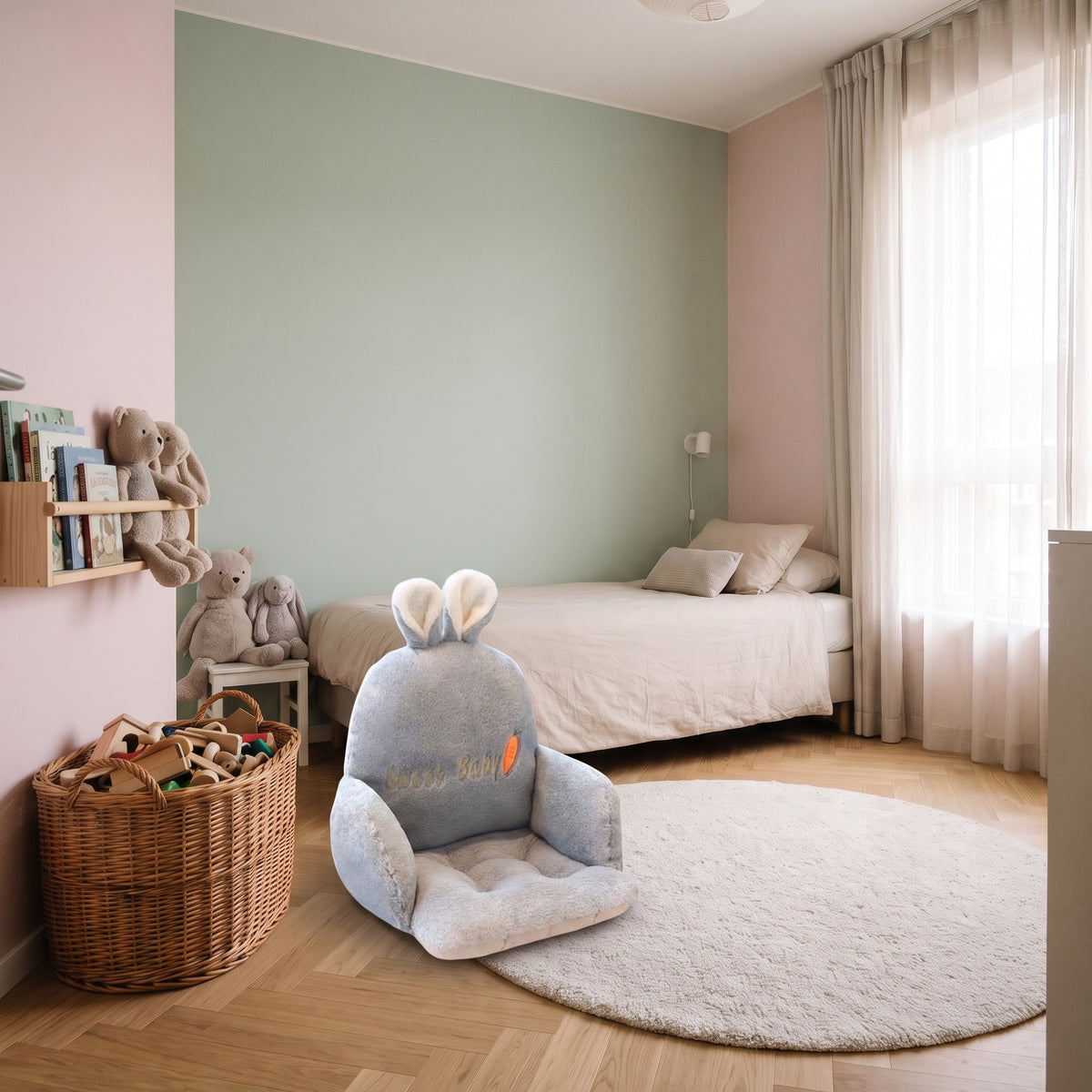Coussin de chaise enfant à dossier tête de lapin gris