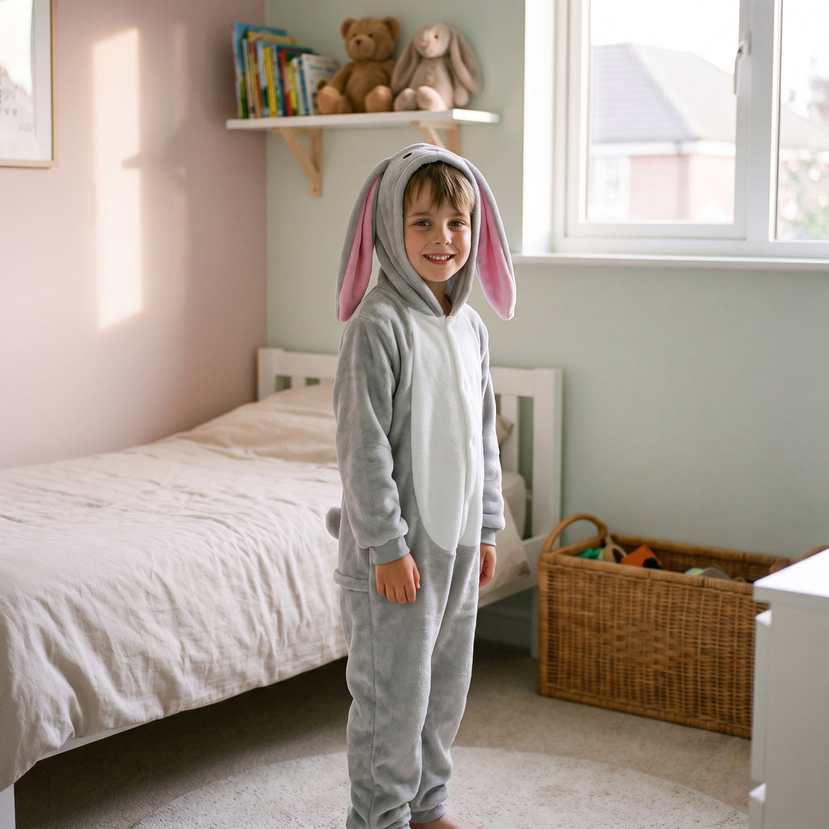 Enfant portant la combinaison pyjama lapin gris à capuche