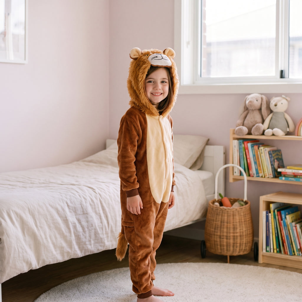 Enfant portant la combinaison pyjama lion brun à capuche