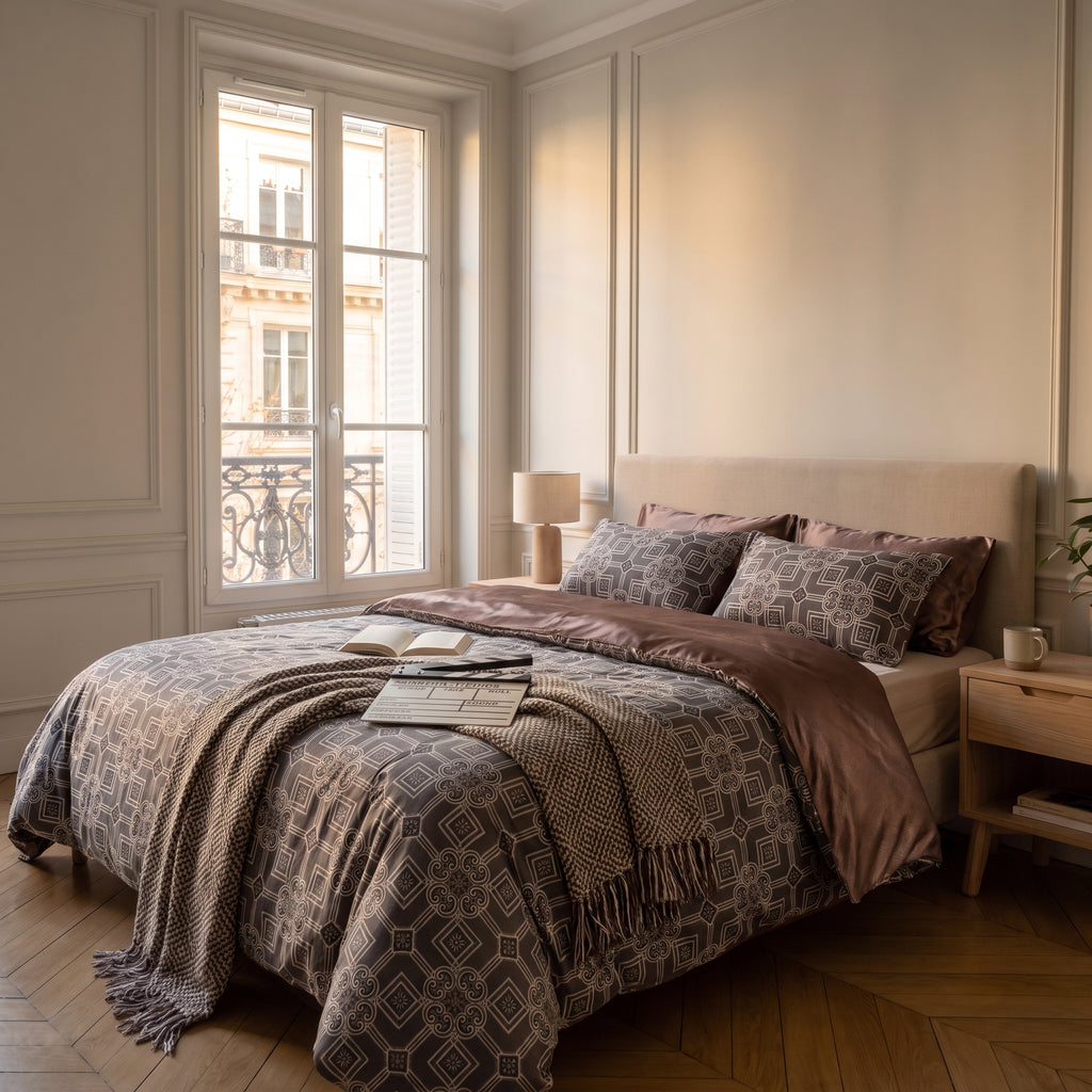 Housse de couette motif mandala sur un lit fait