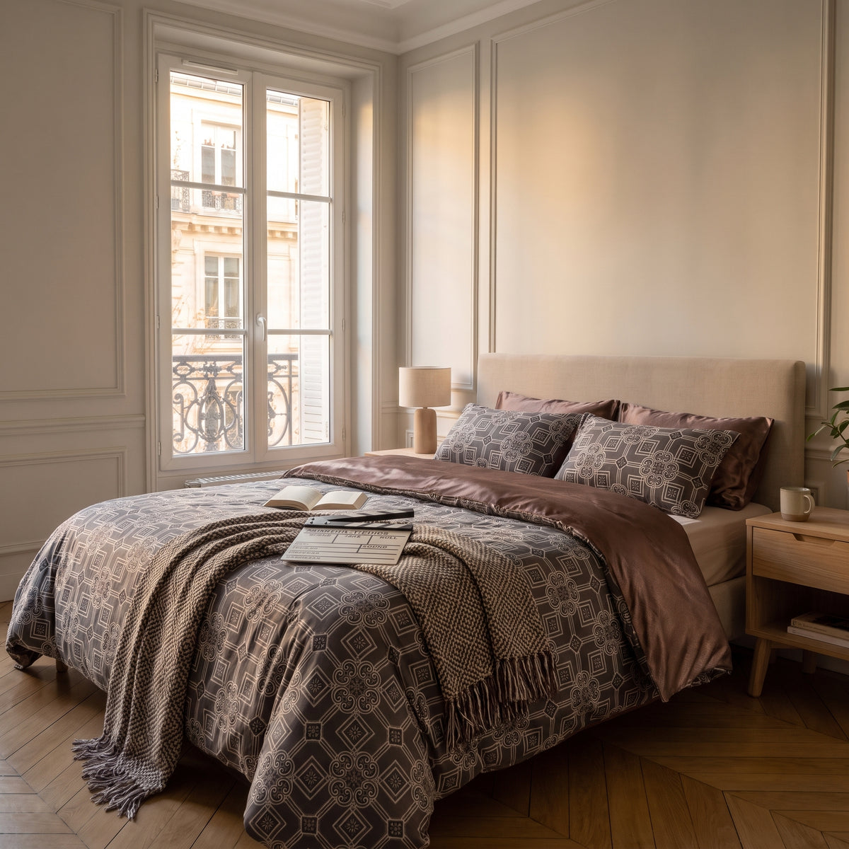 Housse de couette motif mandala sur un lit fait