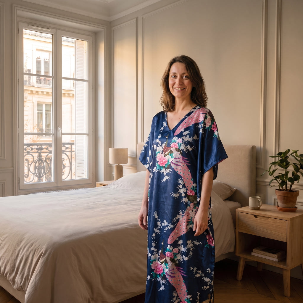 Robe longue en satin à fleurs Marine