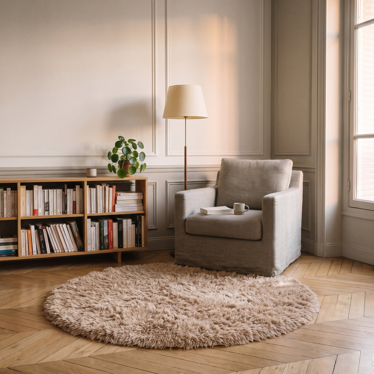 Tapis rond à poils longs coloris Marron clair, posé devant le fauteuil d'un coin lecture
