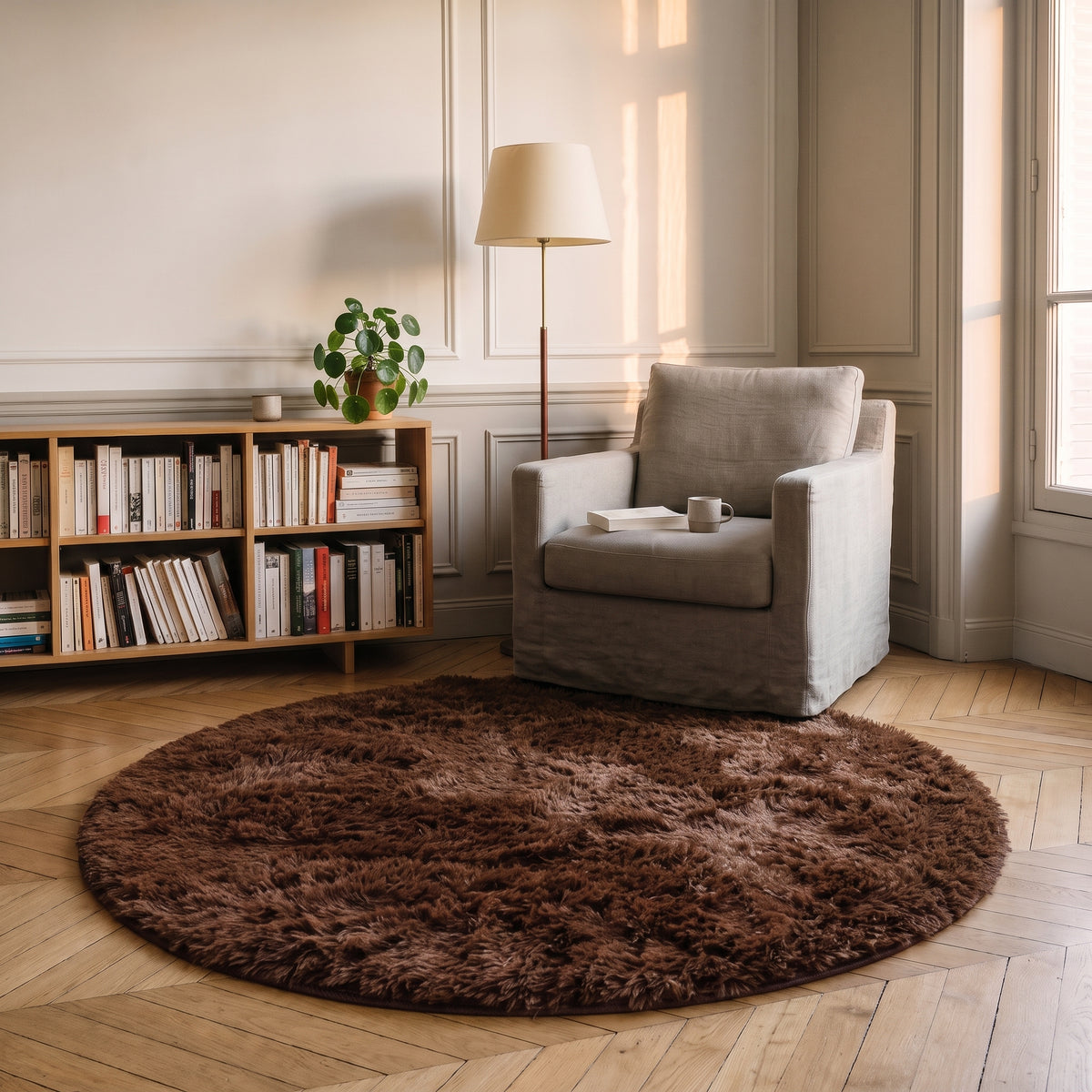 Tapis rond à poils longs coloris Marron foncé, posé devant le fauteuil d'un coin lecture