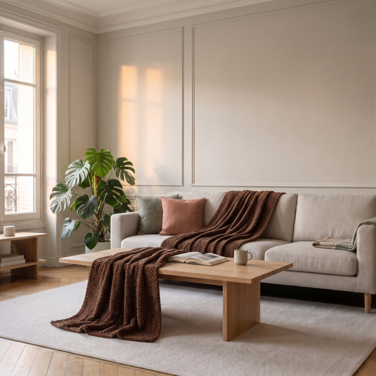 Plaid en polaire marron foncé jeté sur un canapé
