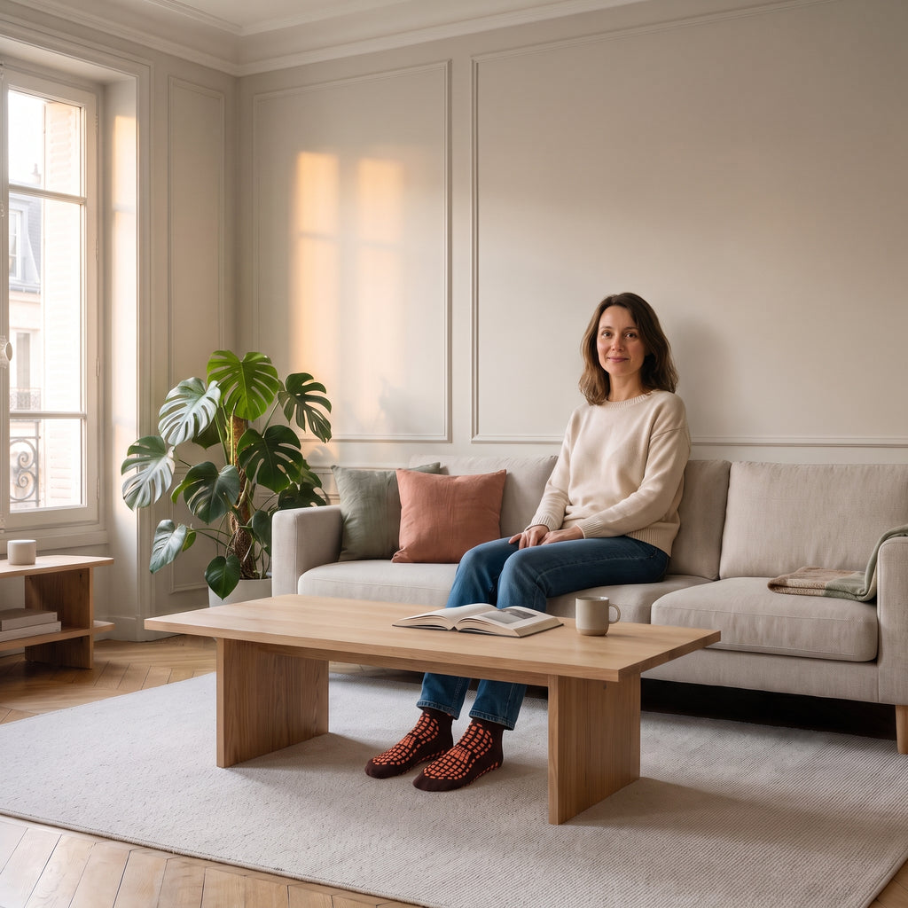 Chaussettes antidérapantes marron portées aux pieds