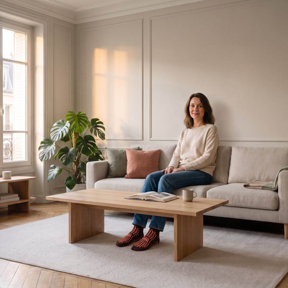 Chaussettes antidérapantes marron portées aux pieds