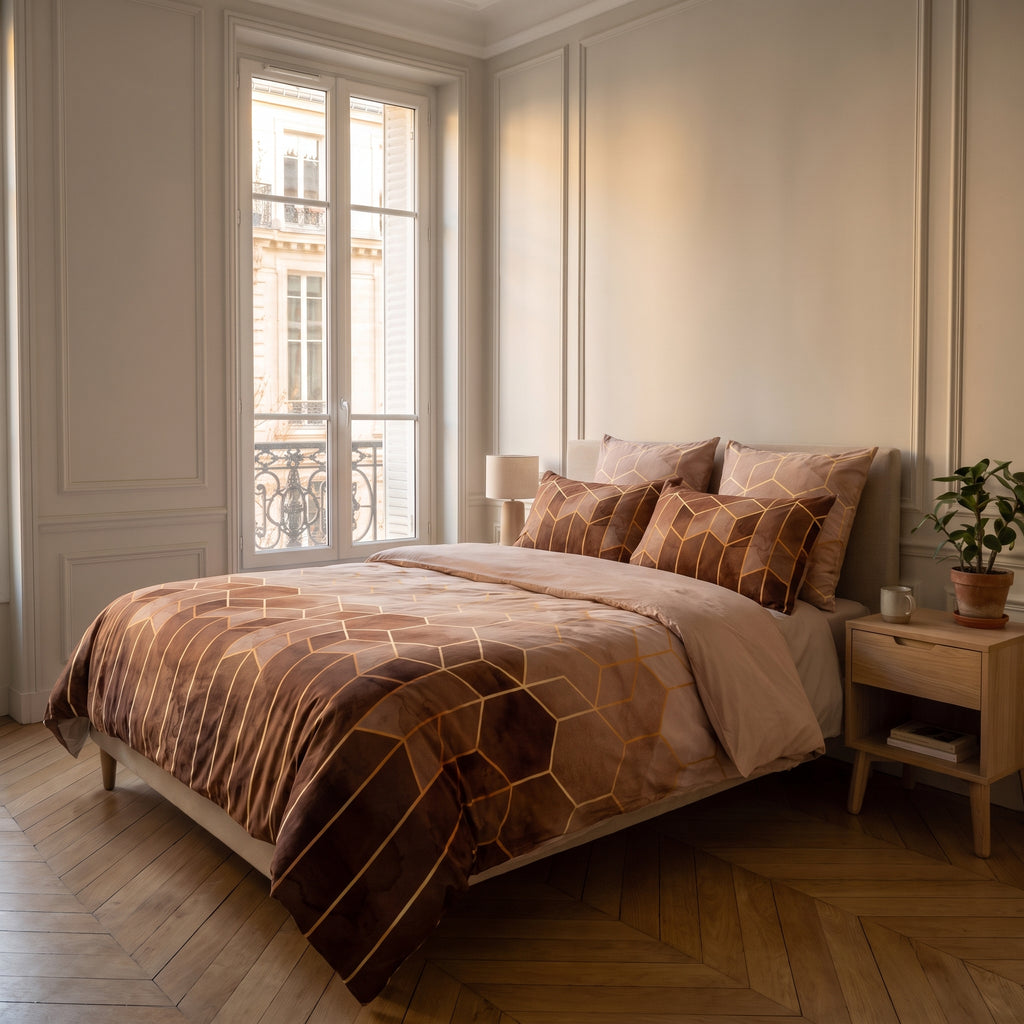 Housse de couette géométrique marron à lignes dorées