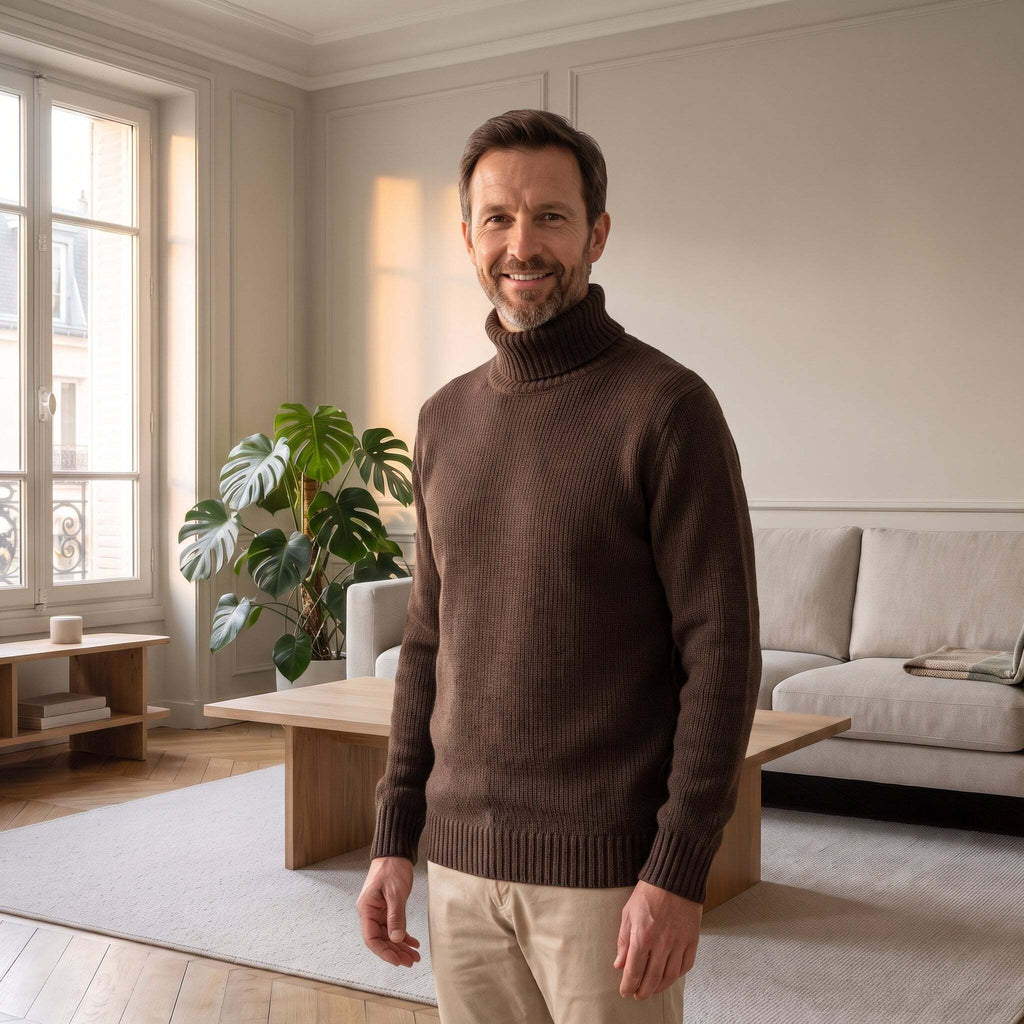 Pull col roulé polaire marron porté par un homme