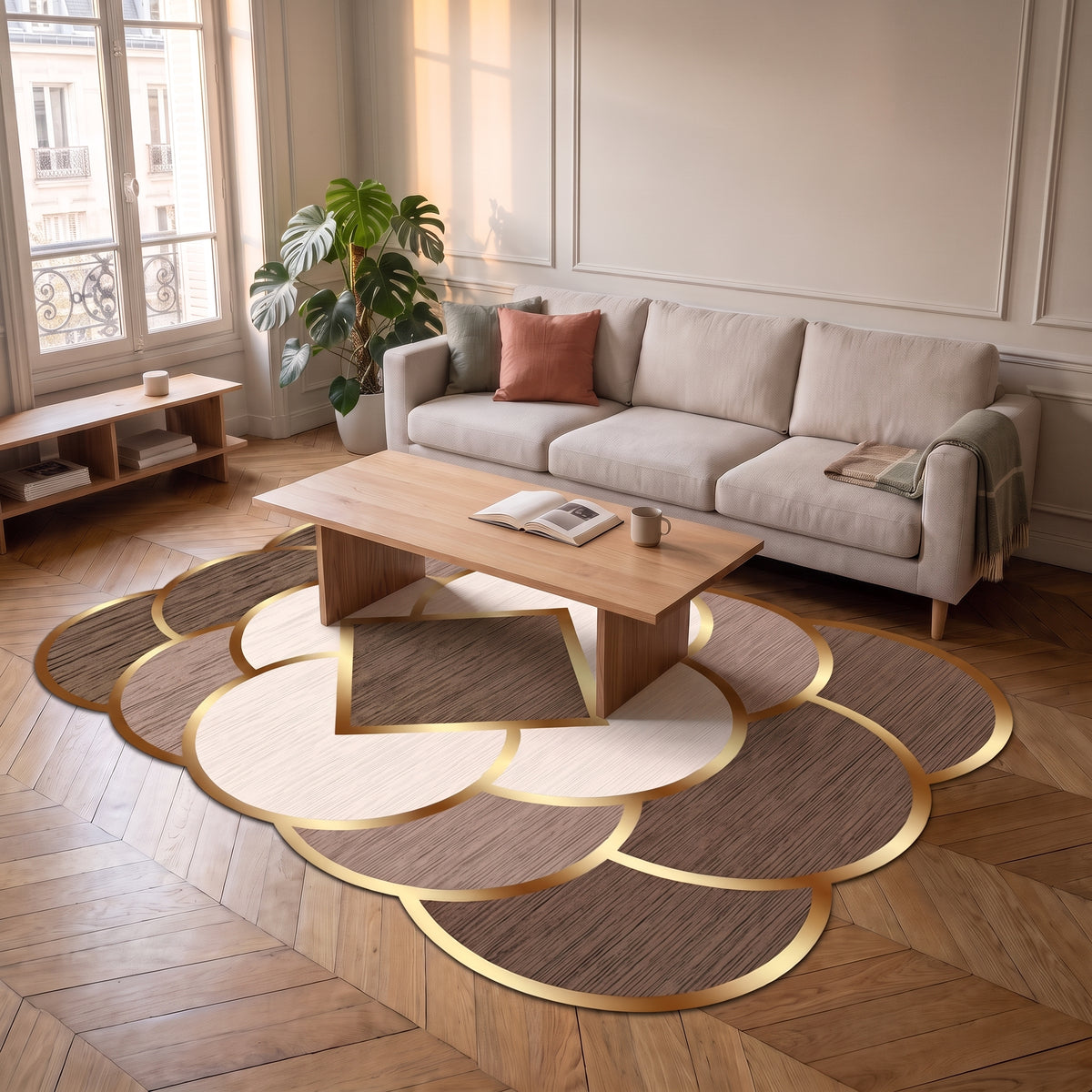 Tapis à pétales marron posé au sol du salon