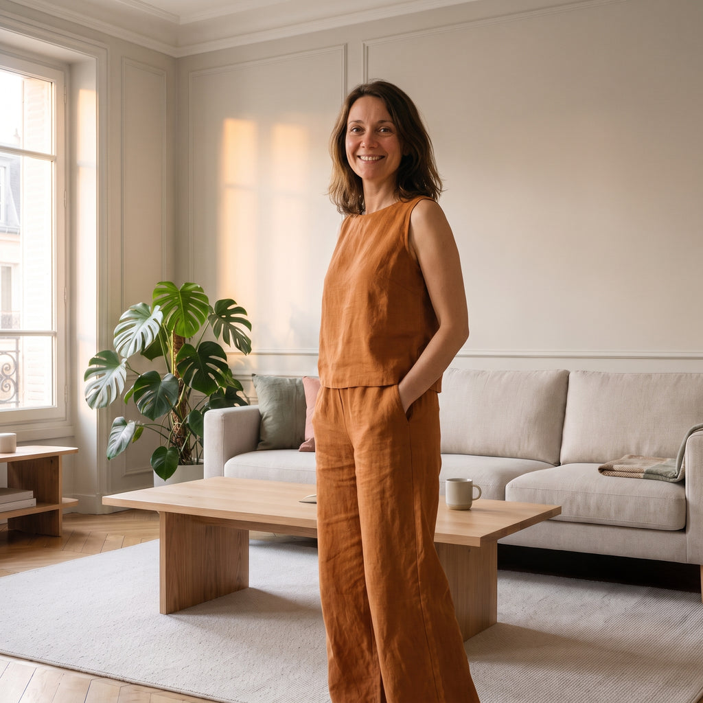 Ensemble en lin marron porté par une femme