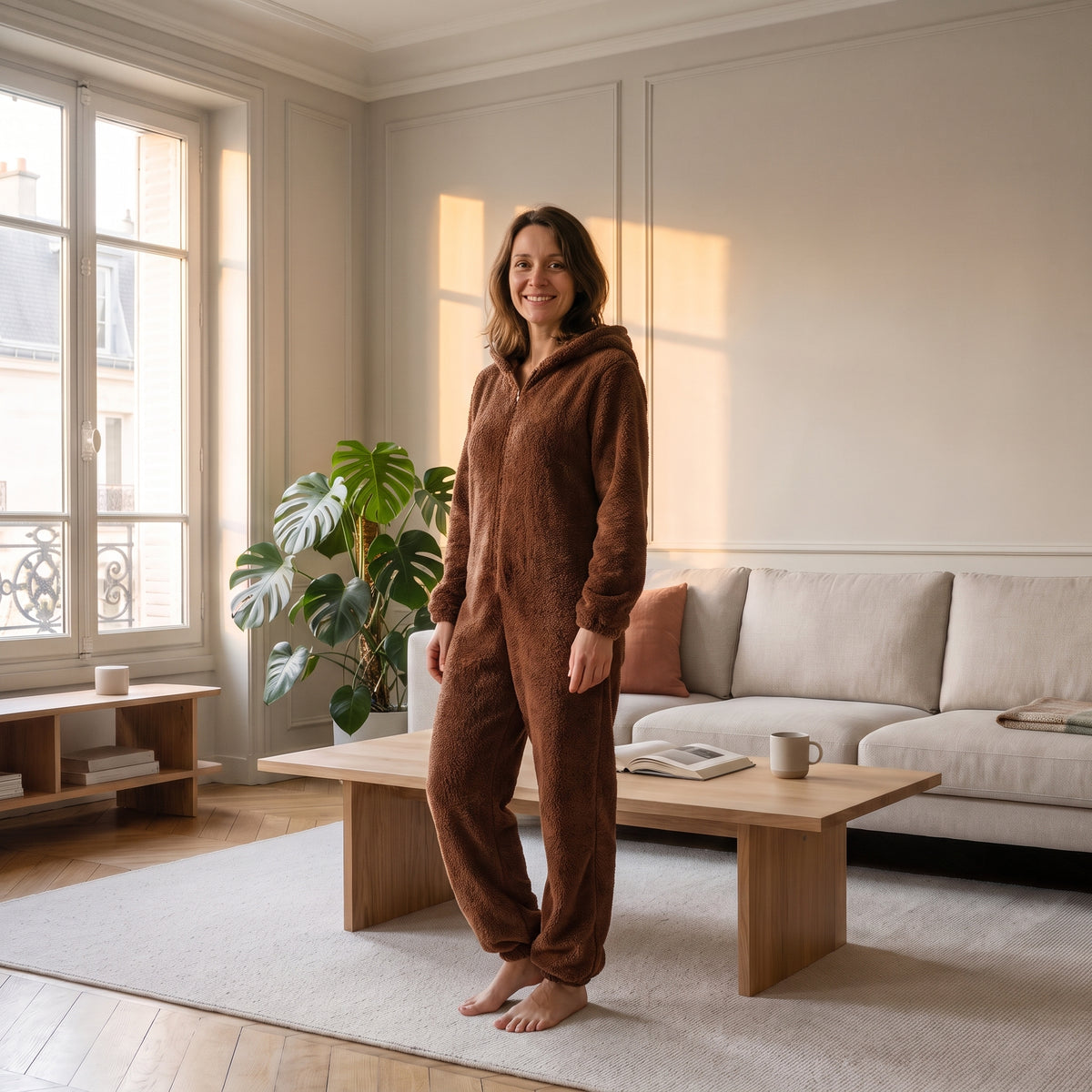 Combinaison polaire marron à capuche pour femme