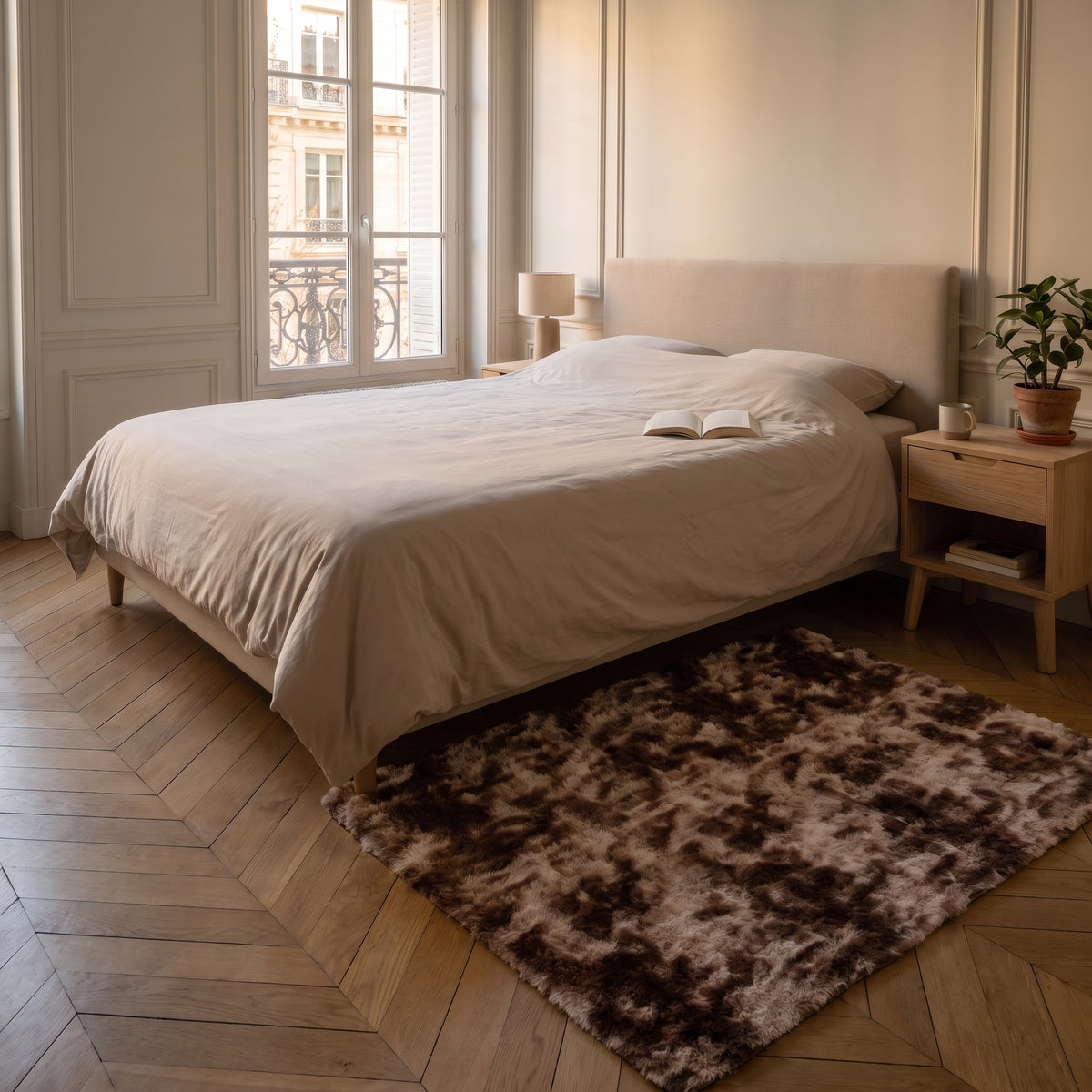 Tapis à poils longs marron foncé chiné au pied du lit, dans la chambre au parquet clair