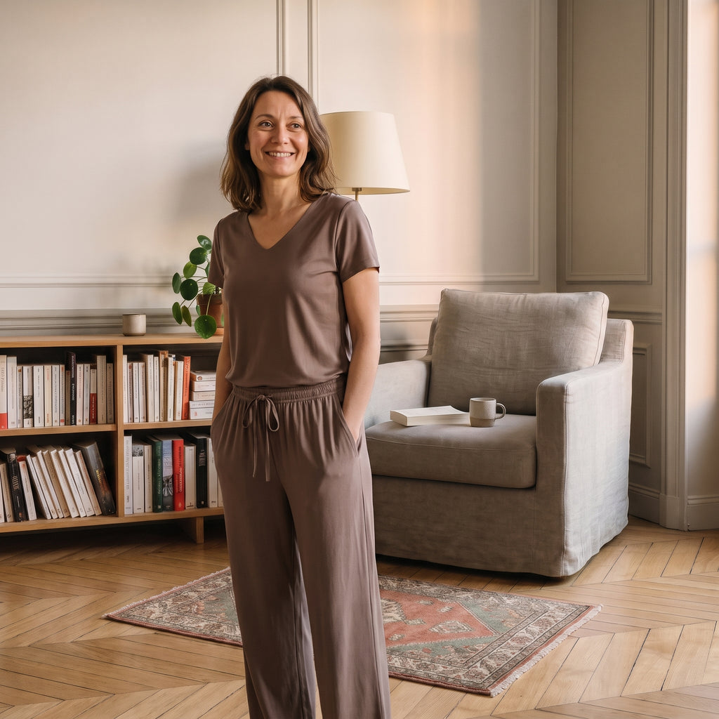 Pyjama mi-saison marron porté par une femme dans un coin lecture