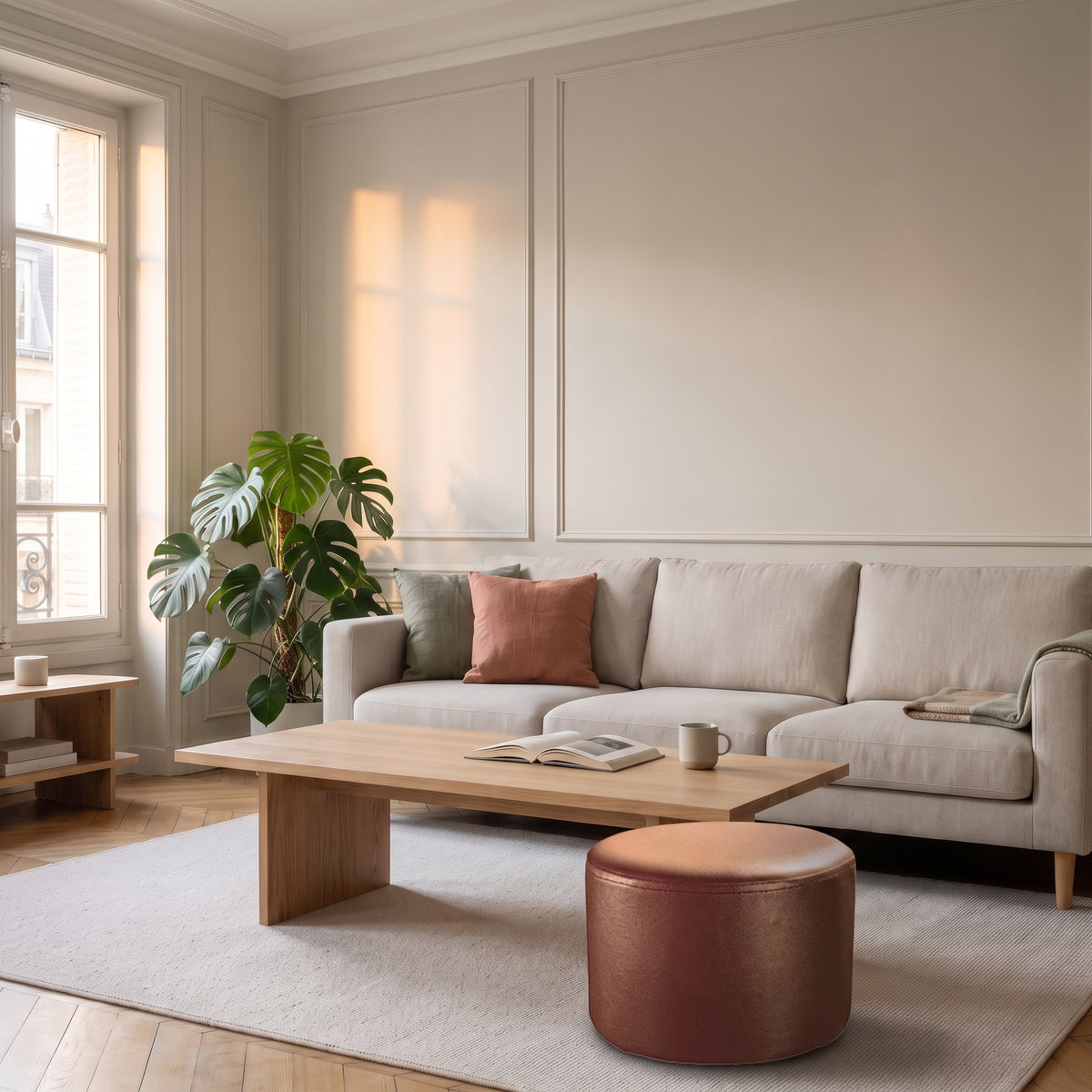 Pouf rond en cuir synthétique marron posé au sol