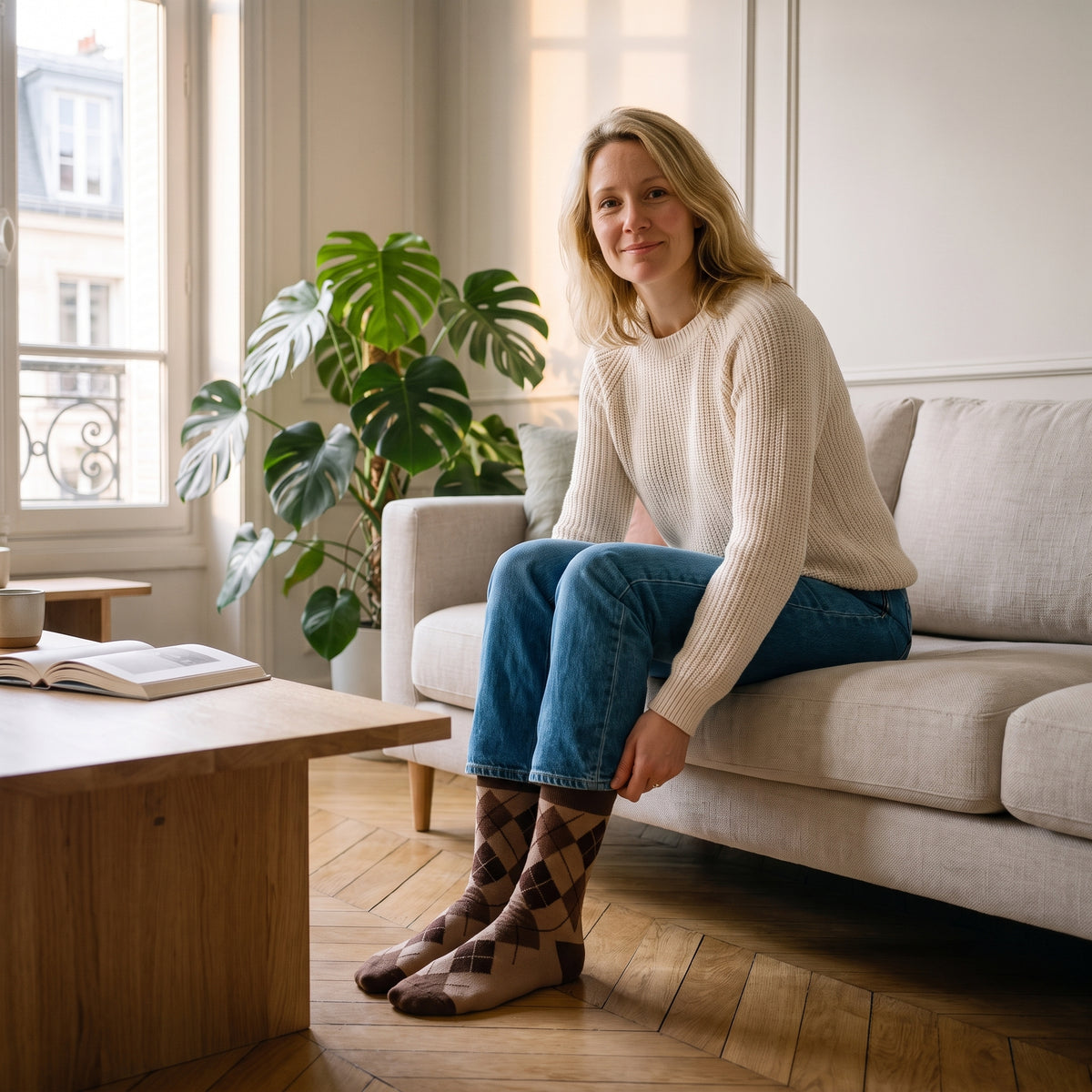 Chaussettes marron à losanges jacquard portées aux pieds dans le salon