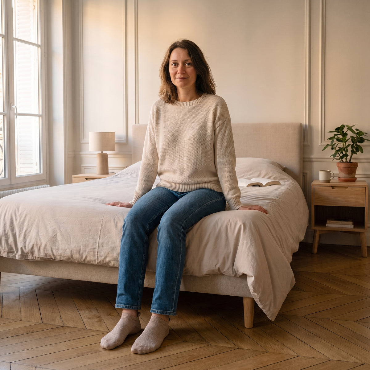 Chaussettes basses marron à cœur doré portées aux pieds dans une chambre