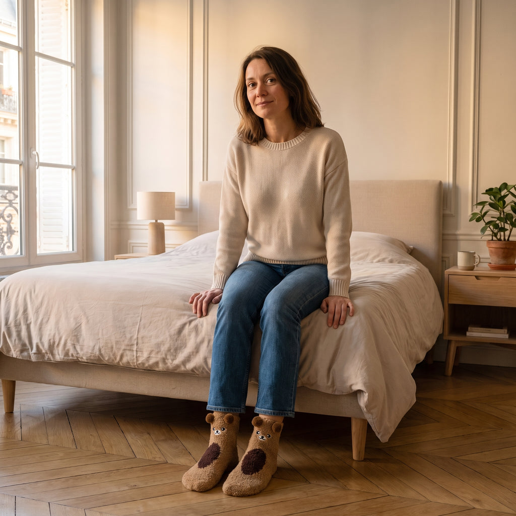 Chaussettes animaux ours marron portées aux pieds dans une chambre