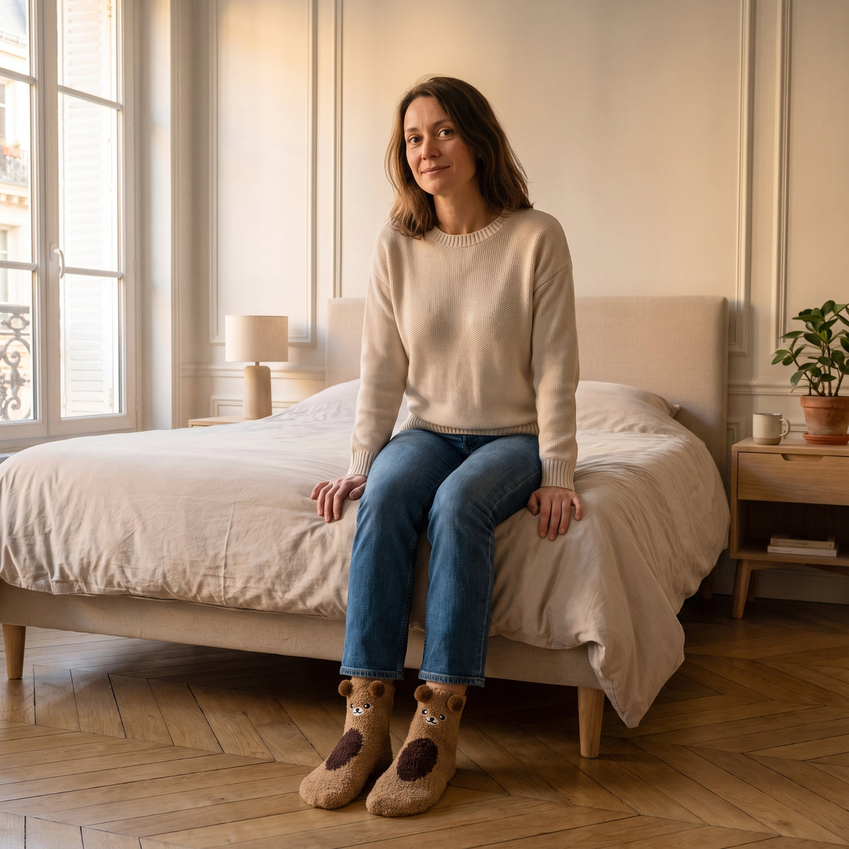 Chaussettes animaux ours marron portées aux pieds dans une chambre