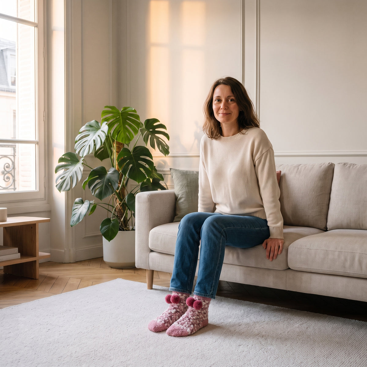 Chaussettes à pompons mauves portées aux pieds