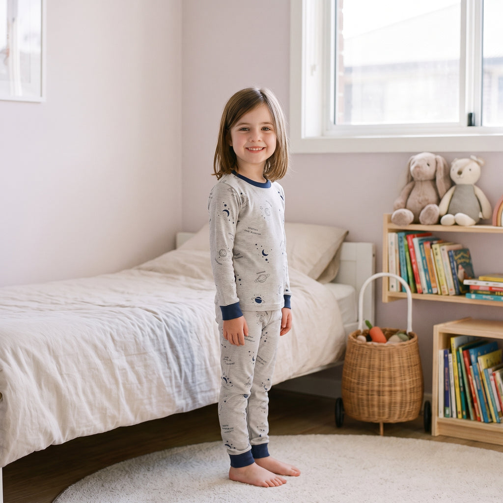 Enfant portant le pyjama en coton à motif discret bleu