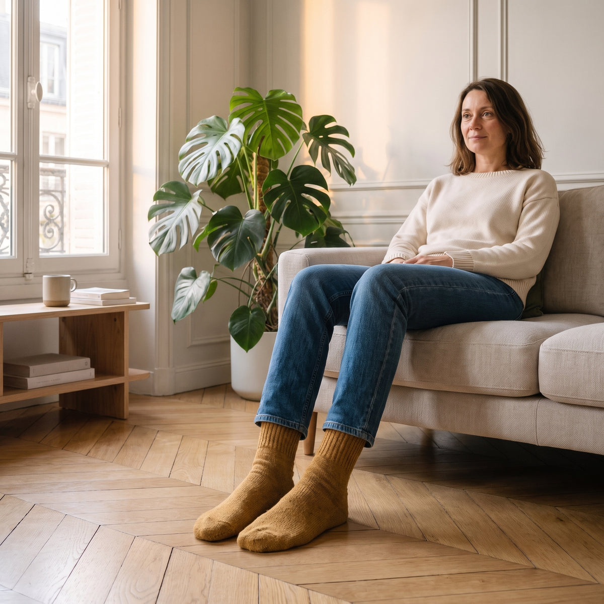 Chaussettes en laine épaisse moutarde portées