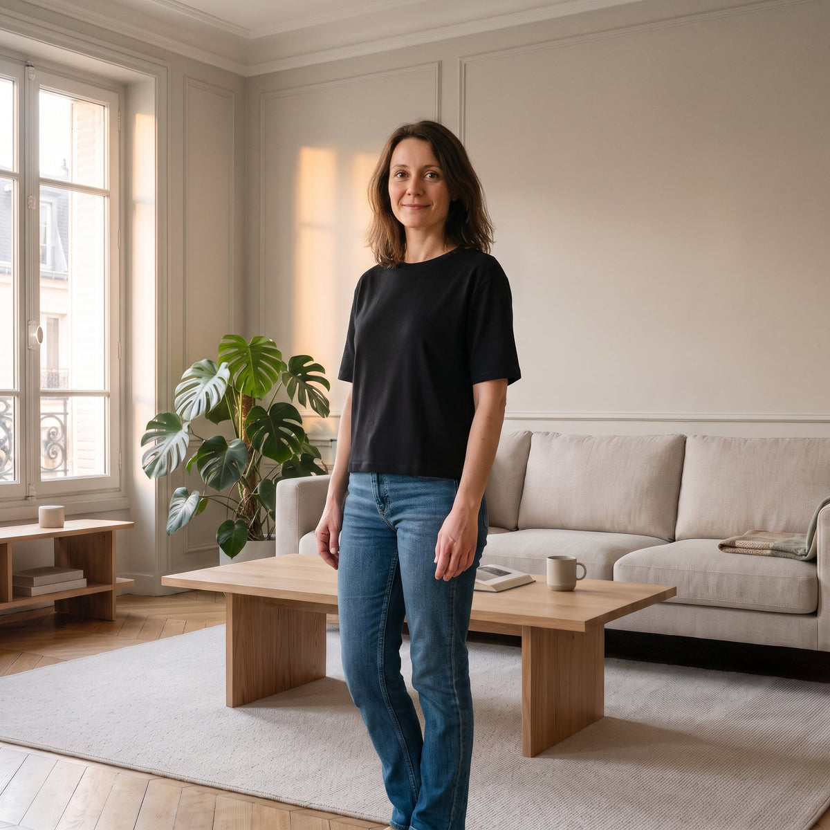 Femme portant un T-shirt col rond noir