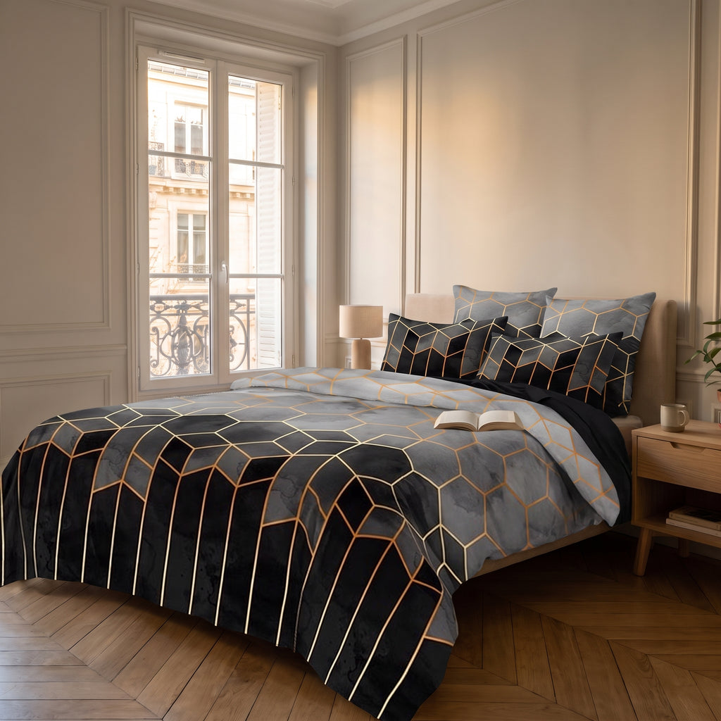Housse de couette géométrique noire à lignes dorées