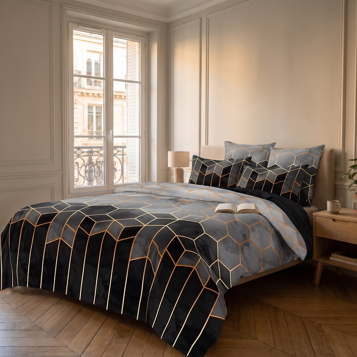 Housse de couette géométrique noire à lignes dorées