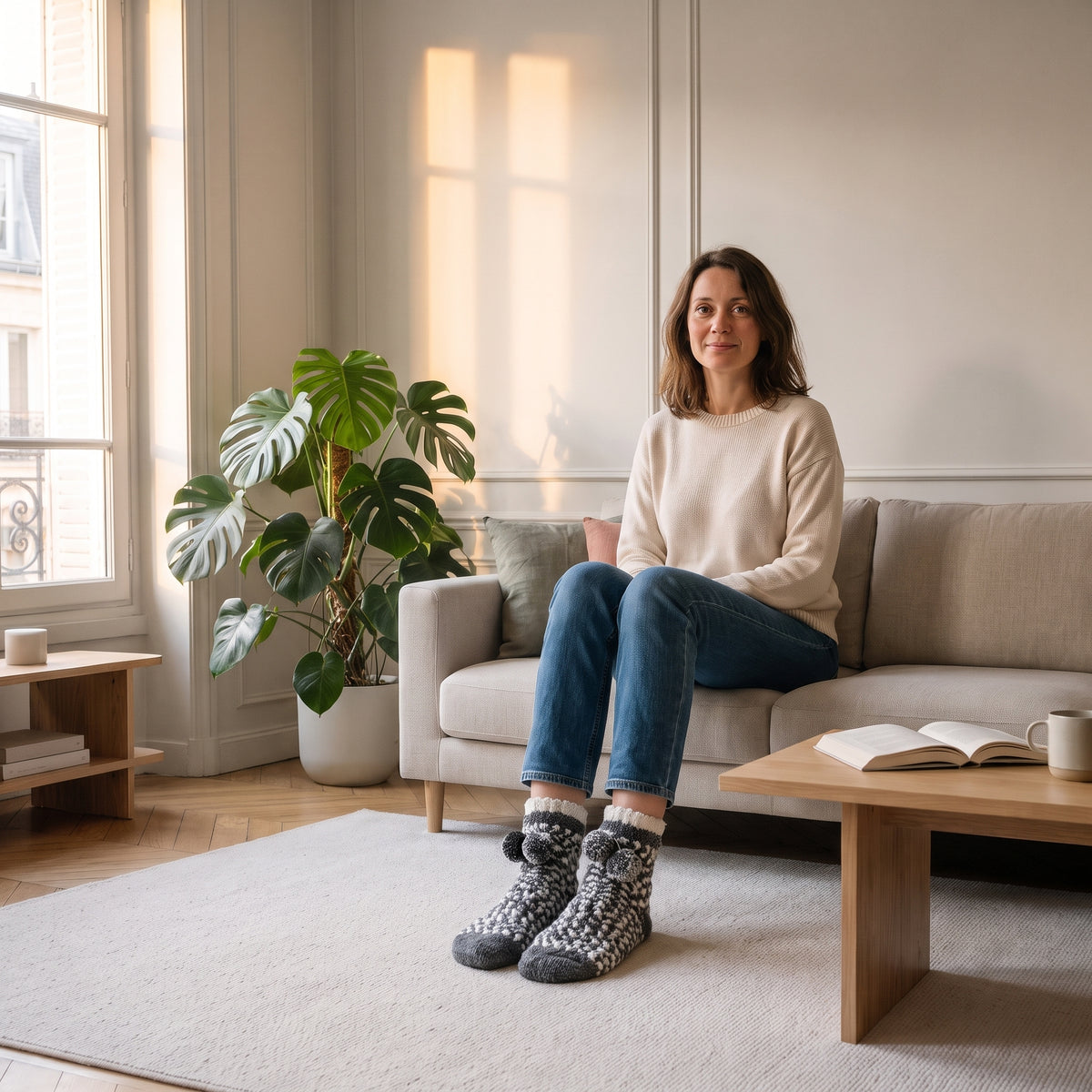 Chaussettes à pompons noires portées aux pieds