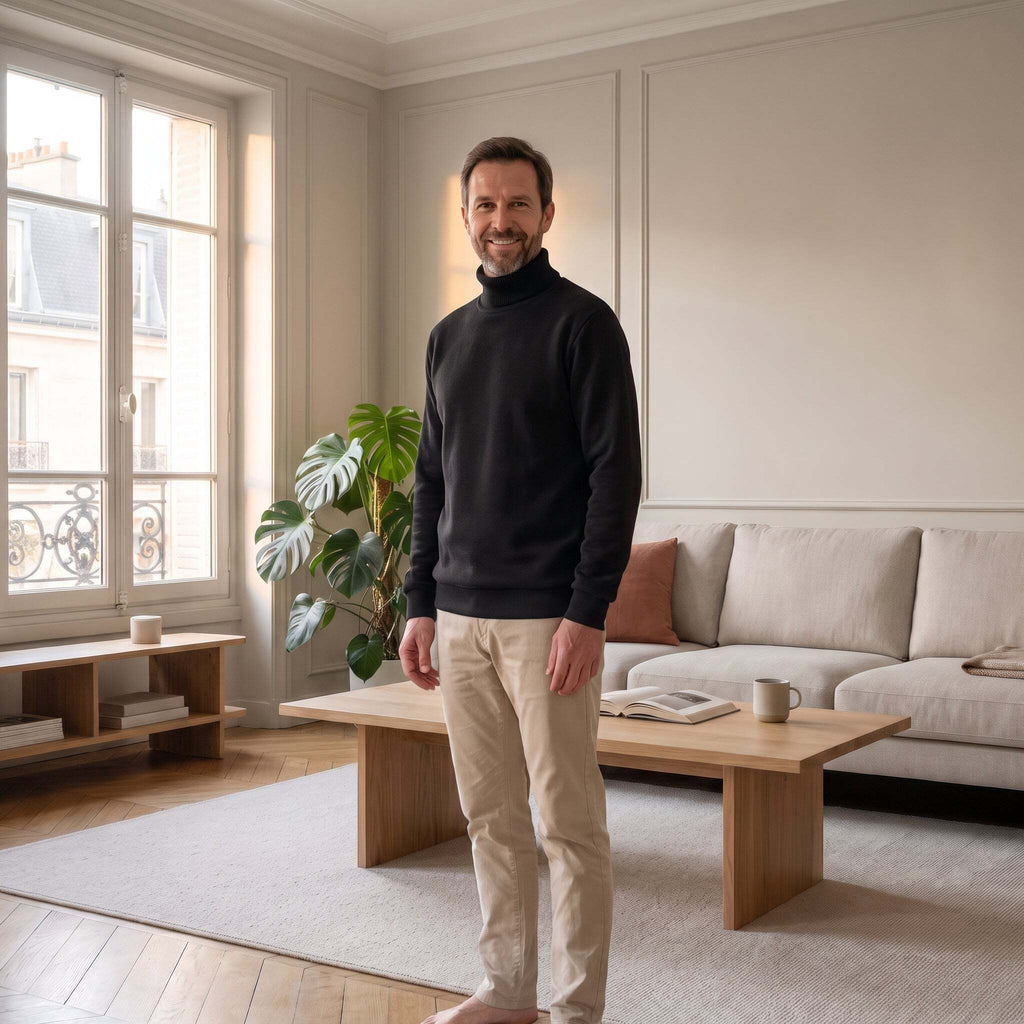 Pull col roulé polaire noir porté par un homme