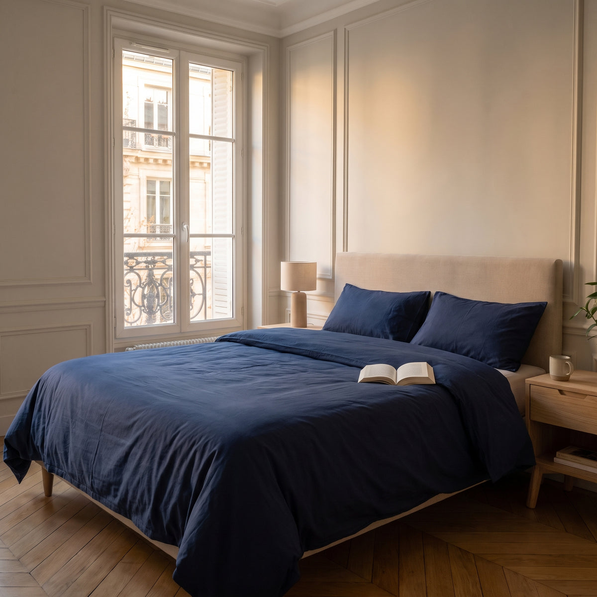 Housse de couette noire en coton sur un lit fait