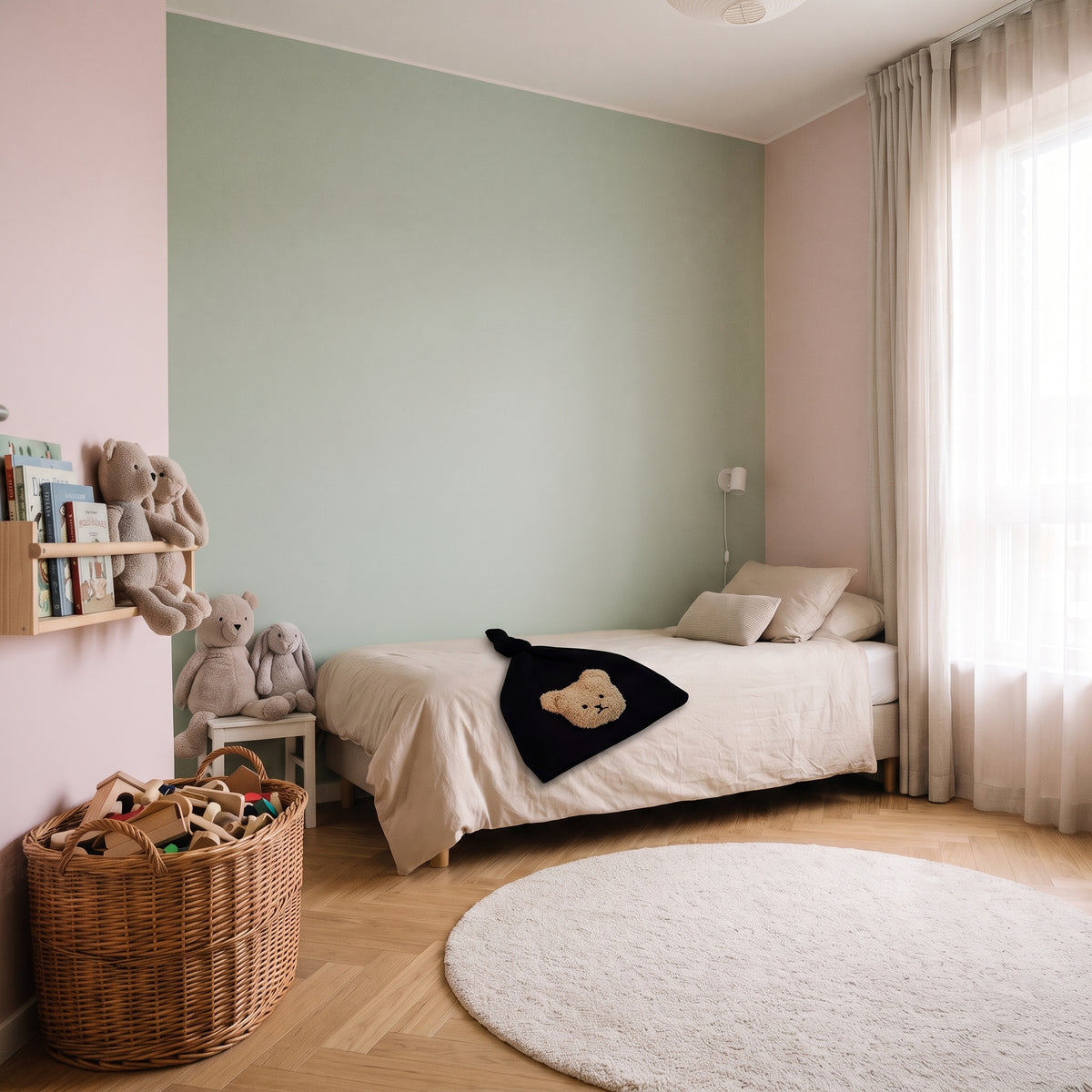 Bonnet bébé noir à ours posé sur le lit d'enfant