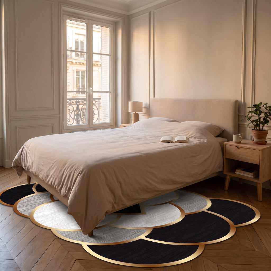 Tapis à pétales noir posé au sol de la chambre