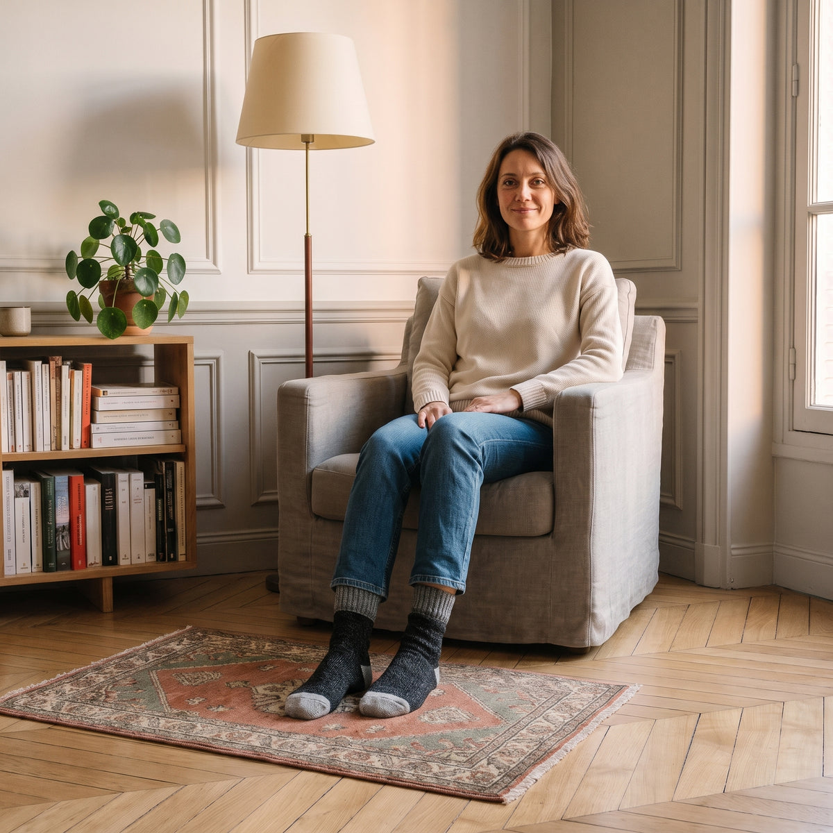 Chaussettes bicolores noires en maille épaisse portées aux pieds dans un coin lecture